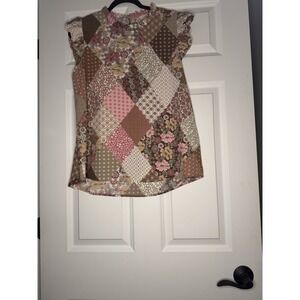 Les Amis Flutter Sleeve Patchwork Top Large Brown Pink Green Tan